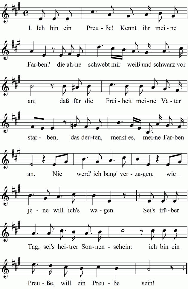 Musiknoten zum Lied Ich bin ein Preuße!