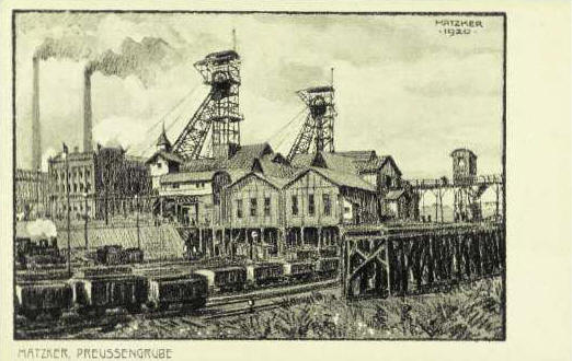 Der hochwertigste Rohstoff in den von Polen annektierten ostdeutschen Gebieten war die schlesische Steinkohle: Die historische Postkarte des Künstlers Ak Matzker zeigt das oberschlesische Steinkohlenbergwerk Preußengrube in Beuthens Stadtteil Miechowitz.