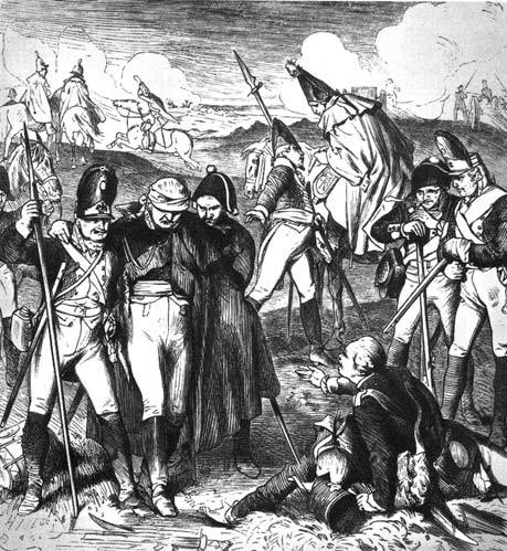 Foto: Der tödlich verwundete Herzog von Braunschweig wird aus der Feuerlinie geführt: Mit dem frühen Ausfall ihres Oberbefehlshabers wurden die Preußen in der Schlacht buchstäblich kopflos, da der König, von dem es hieß, daß seine liebste Zeit stets die Bedenkzeit gewesen sei, sich zu einer zeitnahen Entscheidung über die Nachfolge nicht durchringen konnte. (Archiv)