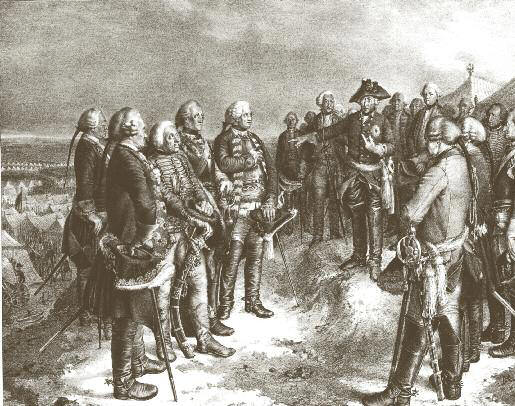 Ansprache Friedrichs des Großen vor der Schlacht bei Leuthen: Lithographie von Adolph Menzel (1815–1905)